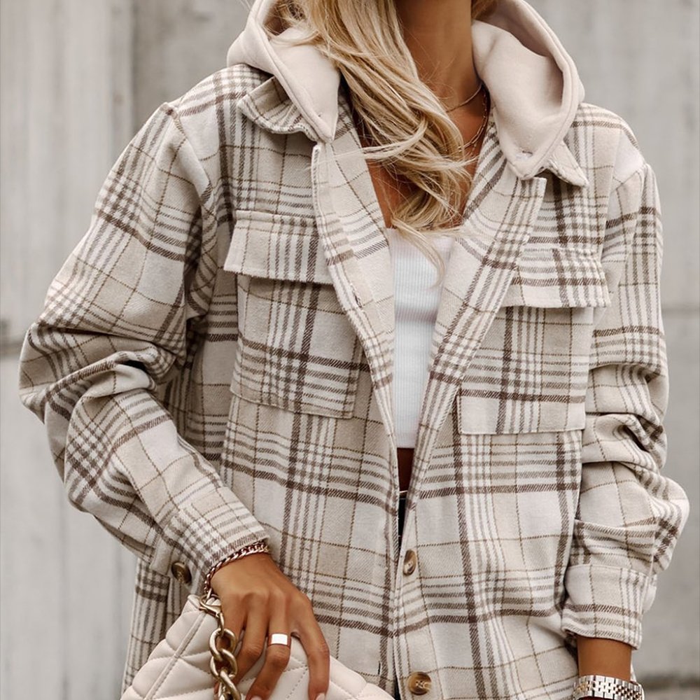 Khaki Plaid Removable Hood Buttoned Shacket/Hooded Top NWOT